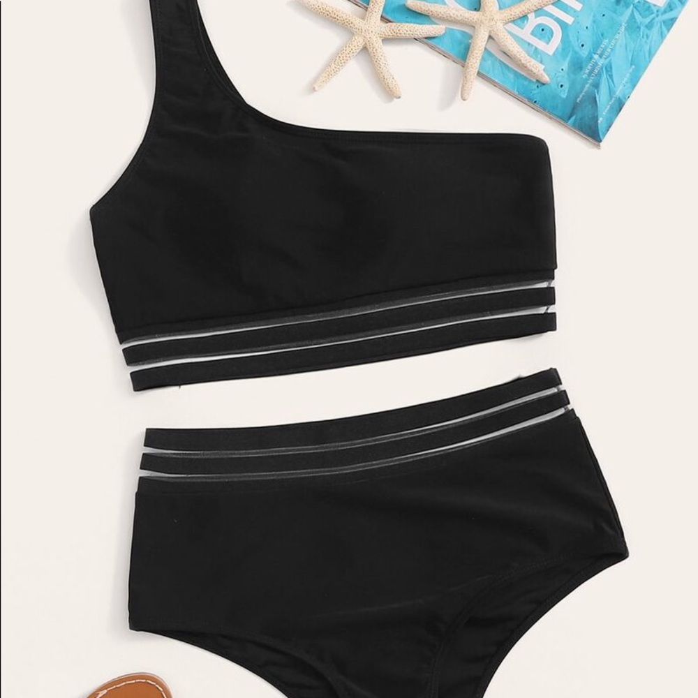 “ROMWE” MESH PANEL ONE SHOULDER HIGH WAIST SET